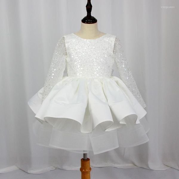Kız Elbiseler Çocuklar Parlak Pullu Tam Kollu O yakalı Çiçek Elbise Sırtsız Tül Katmanlı Eğitim Performansı Mini Balo Gown