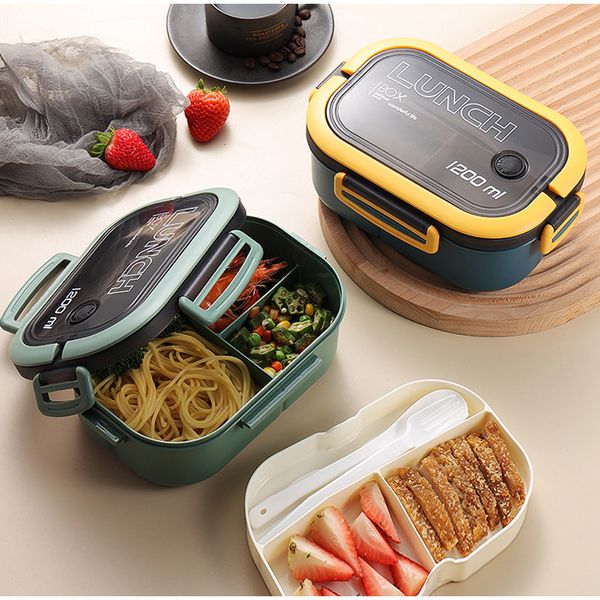 Bento Boxes 2Layers Sealed Kids Lunch Box Frutta Contenitori per alimenti Student Office Worker Microwavable Con Fork Spoon FreshKeeping 230609