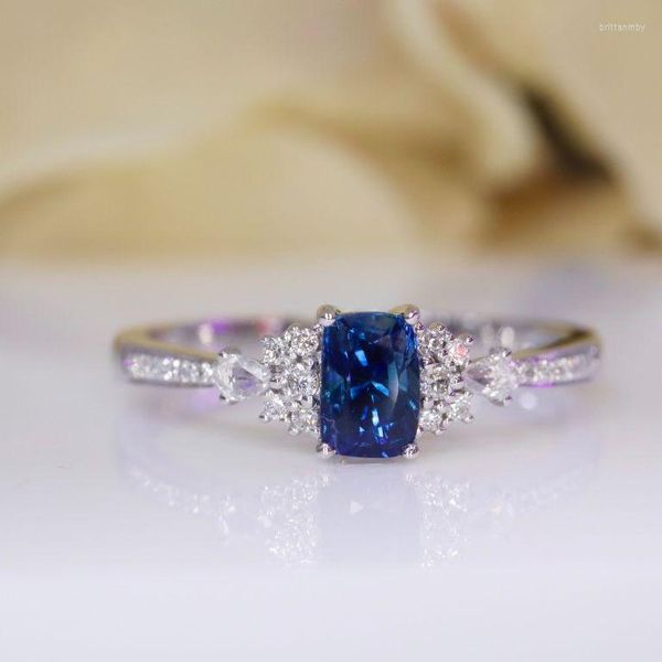 Cluster-Ringe SFL2023 Blauer Saphir-Ring 0,58 ct Echter reiner 18 Karat natürlicher ungewärmter königlicher Edelstein Diamanten Stein weiblich