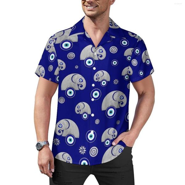 Camisas Casuais Masculinas Camisa Elefante Olho Maligno Animal Print Praia Solta Havaí Moda Blusas Mangas Curtas Padrão Top Grande