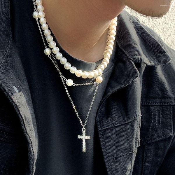 Girocollo stile coreano collana imitazione perla ciondolo croce strass vintage tre uomini a strati