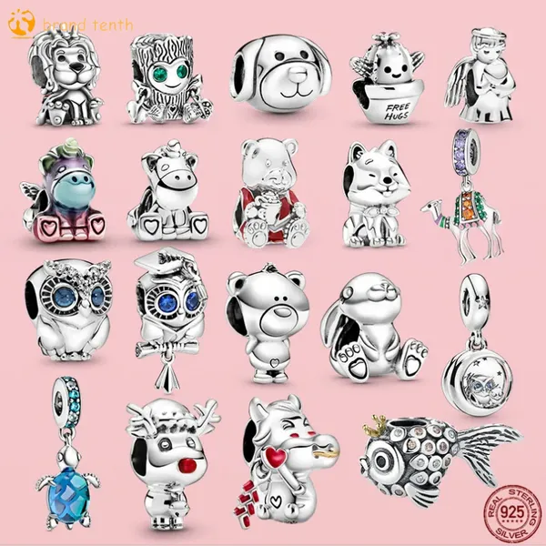 Argento sterling 925 per charms Pandora Ciondolo con perline autentiche Animali scintillanti Elefante Cane Orso Gufo Clip