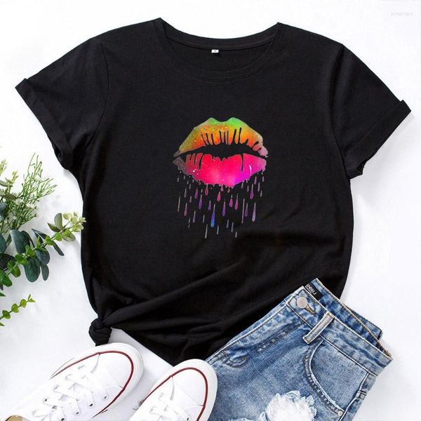 Женские футболки T Женщины O-образная рубашка Femme Femme Color Lip Print Patter