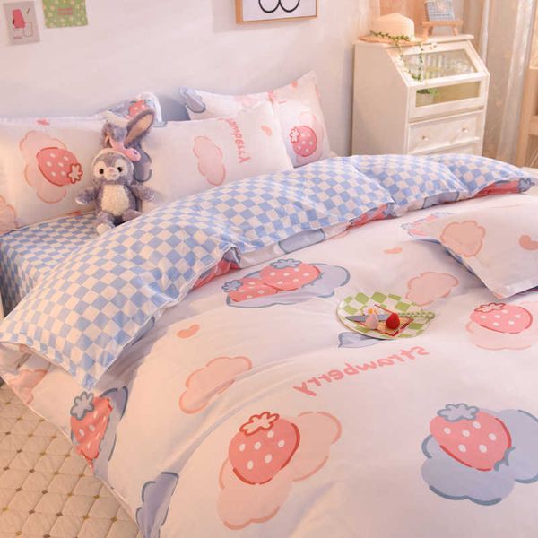 Conjuntos de cama Ins Pink Strawberry Cute Cartoon Fruit Bed Bed Capa de edredon macia Queen King Size Folha de cama plana Capa de edredom Kawaii Z0612