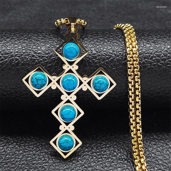 Anhänger Halsketten Boho Edelstahl Blauer Stein Halskette Für Frauen Männer Kreuz Sweather Kette Lange Schmuck Reiki Heilung Geschenk NX