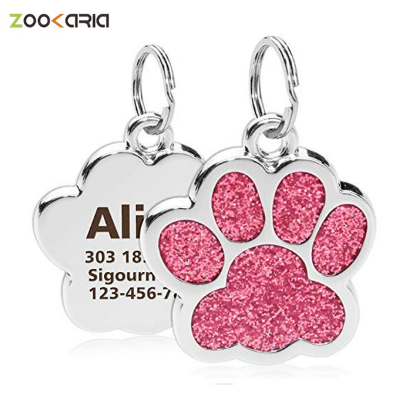 Targhette personalizzate per cani e gatti Incise Cat Dog Puppy Pet ID Nome Collare Tag Ciondolo Accessori per animali Ciondolo glitter zampa