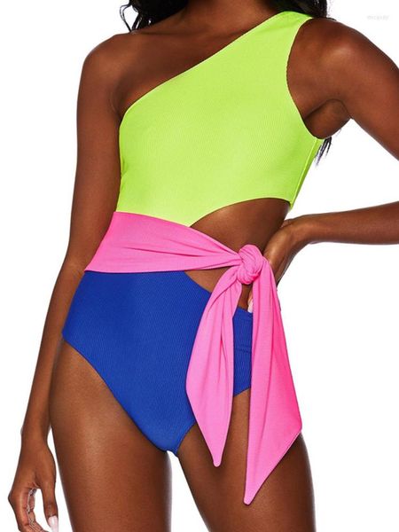 Roupa de banho feminina maiô de uma peça 2023 sexy neon patchwork monokini bandagem de ombro feminino maiô verão praia bodysuit
