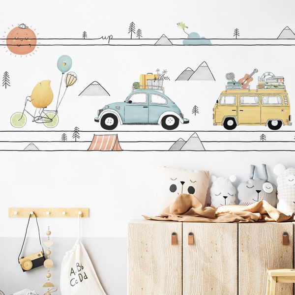 Adesivos de parede de carro de ônibus de desenho animado pintados à mão para decoração de parede de quarto de meninos decalques de parede de PVC autoadesivos murais de arte para quarto de crianças