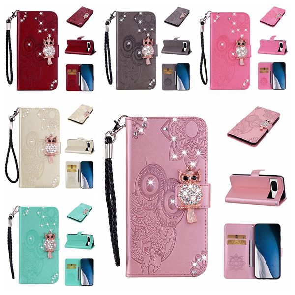 Bling Diamond 3D Baykuş Deri Cüzdan Kılıfları İPhone 15 Plus Pro Max Samsung A34 A54 5G A24 4G Google Pixel 8 7a 7a Çiçek Baskı Dantel Kartı Tutucu Flip Cover Tepe Kayışı