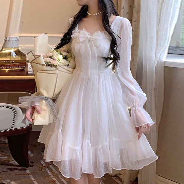 Abiti casual Abito Kawaii bianco Abito donna in chiffon stile Lolita Manica lunga Mini fiocco Abito da fata Ruffles Colletto quadrato patchwork