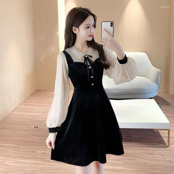 Casual Kleider Vintage Schwarz Samt Patchwork Sommer Kleid Mode Elegante Laterne Hülse Party Kleid Hohe Taille Ausgestattet Weste Für Frauen 2023