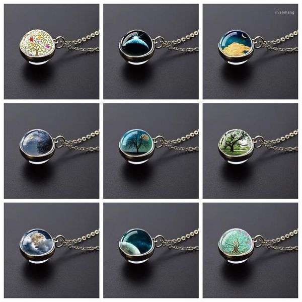 Anhänger Halsketten Kunst Baum des Lebens Mond Sternschnuppe Weltraum Wolke Himmel Doppelseitige Glaskugel Halskette Charm Schmuck Geschenk