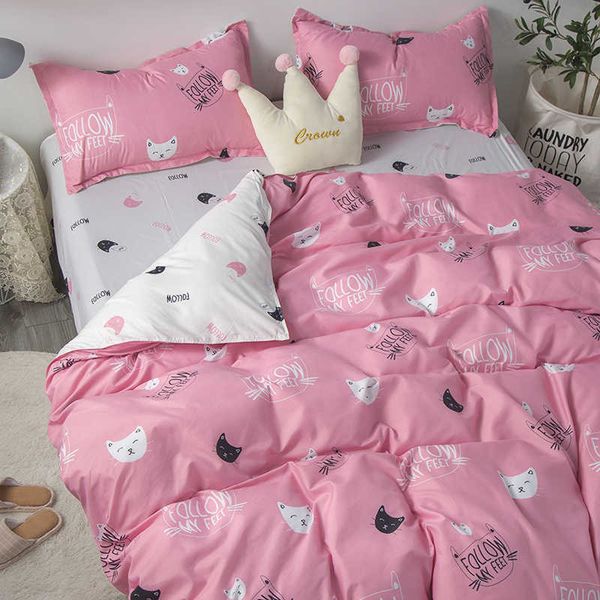 Bettwäsche-Sets Nordic Pink Cartoon Katze Kätzchen Bettbezug-Sets mit Fall Bettlaken Kinder Mädchen Bettwäsche-Set König Königin Twin Kawaii 200x230 Z0612