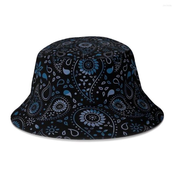 Berretti Motivo floreale Paisley Sfumature di blu su nero Bellezza bohémien Bellissimo cappello da pescatore Pieghevole Bob Cappelli da pescatore Cappello Panama