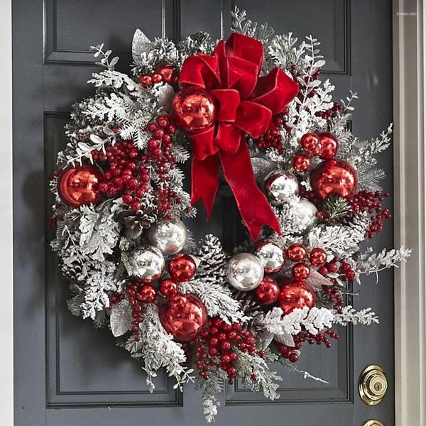 Fiori decorativi Il Cordless Prelit rosso e bianco Holiday Trim Ghirlanda di Natale artificiale Decorazione della porta d'ingresso del ristorante