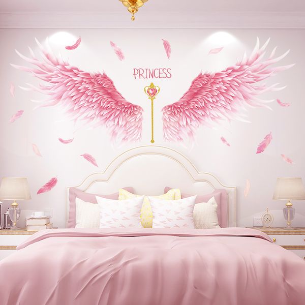 Adesivi murali con ali di piume rosa Decalcomanie da muro con scettro di cartoni animati fai-da-te per camere dei bambini Decorazione domestica della cameretta dei bambini