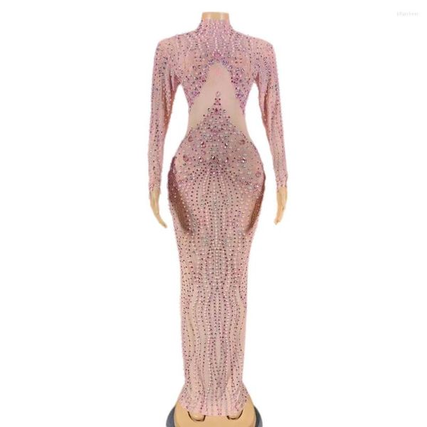 Stage Wear Noble Handmade Flash Beaded Long Sleeve Evening Dress Women's Pink Sexy Party