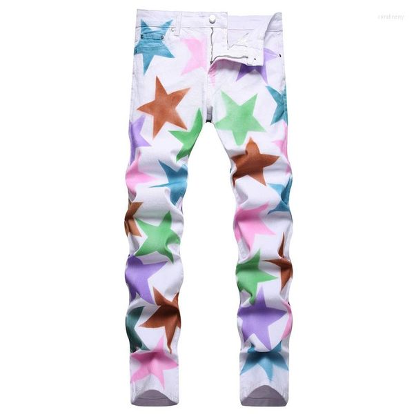 Erkekler Kot Summer Street Trend Kişilik El boyamış renk beş köşeli yıldız ince kalem pantolon orta belden rahat pantolon