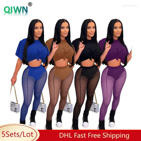 Zweiteilige Hosen für Damen, 5 Sets, Bulk-Großhandel, solides Set für Damen, prägnante Crop-Tops, durchsichtige Mesh-Leggings, Trainingsanzüge für Damen, Sommer-Sweatsuits 7102