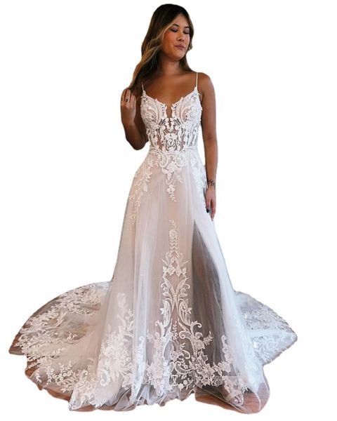 Abiti da sposa glamour senza maniche in pizzo con fiori 3D Cinghie senza spalline Spacchi laterali Bottoni ricoperti con applicazioni complete Plus Size Abiti da sposa da sposa