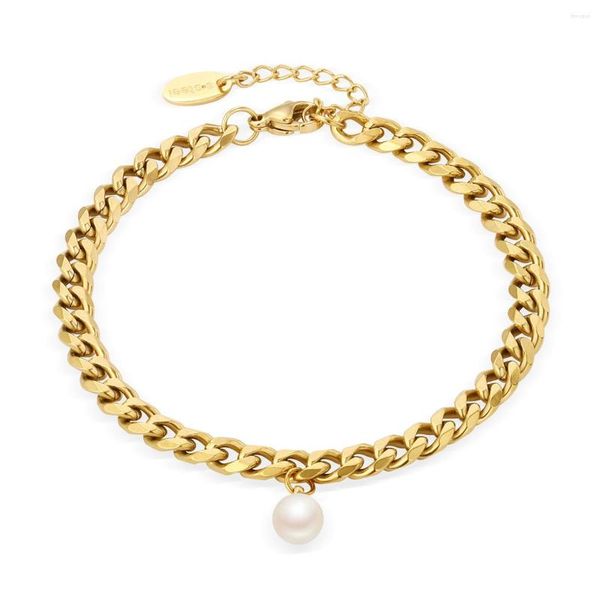 Link-Armbänder, Perlen-Anhänger-Armband, Edelstahl, lichtecht, goldfarben, kubanische Kette, Armreif, weibliches Accessoire