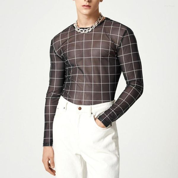 Camisetas masculinas masculinas sexy transparentes camisetas malha ultrafina manga longa xadrez top slim fit pulôveres moda masculina streetwear camiseta