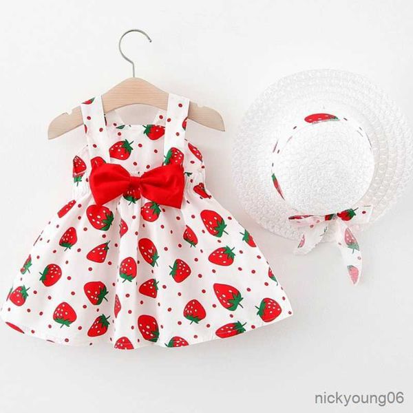 Robes pour filles filles robe été nouvelle salopette petits enfants bébé fille mignon fraise sans manches chapeau R230612