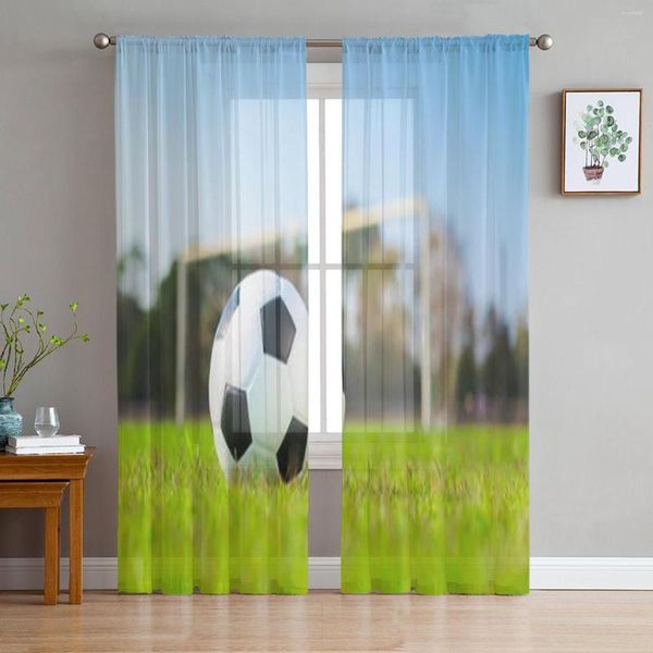 Bola de futebol de cortina no campo de grama verde com turva cidade tule cortinas transparentes para sala de estar cozinha decoração voile organza