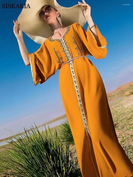 Vestidos casuais mão-costurado diamante dubai vestido laranja strass fita dourada v pescoço raglan manga longa marroquino caftan solto traval abaya