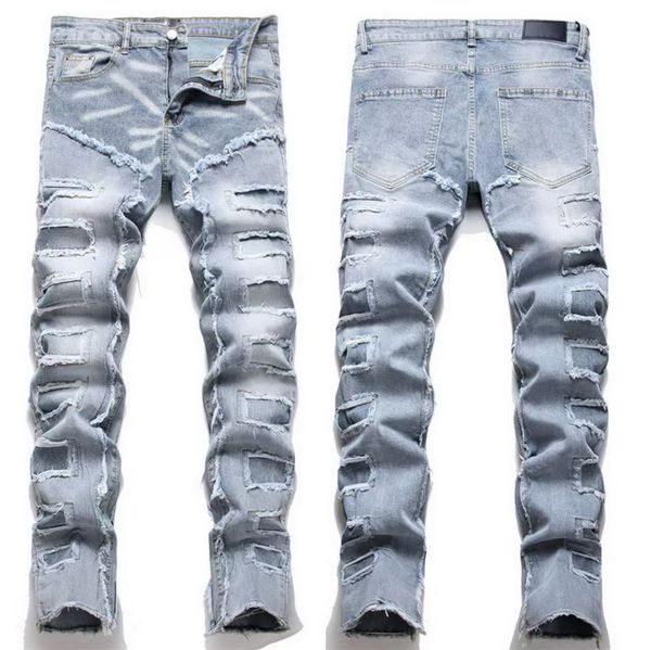 Calça jeans masculina estilo punk azul claro remendo fino e reto