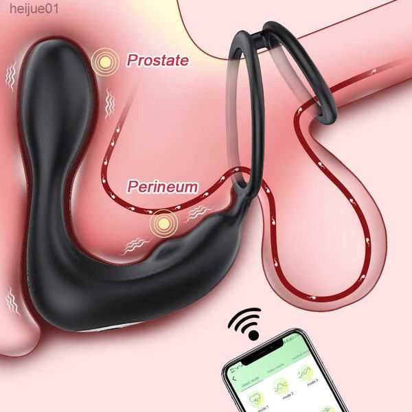 Bluetooth APP Masculino Próstata Massageador Vibrador Anel Duplo Atraso Ejaculação Plug Anal Estimulador Adulto Brinquedos Sexuais para Casais Masculinos L230518