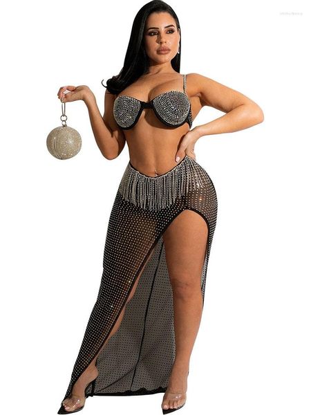 Çalışma Elbiseleri Siyah Mesh 2 Parça Rhinestone Set Kadınlar Parti Seksi Sütyen Korse Üstler ve Uzun Kalam Etekleri Gece Kulübü Kıyafetleri Setleri