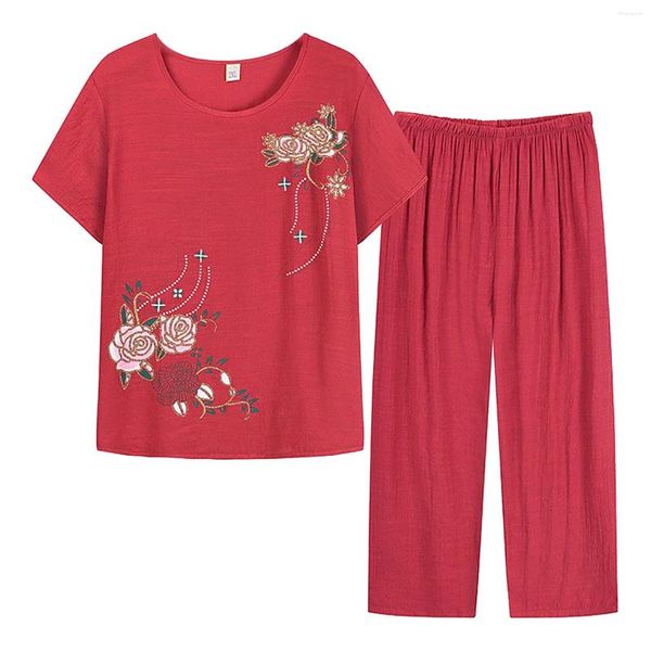 Calças femininas de duas peças tops florais vermelhos terno lounge impressão boho conjunto feminino linho de algodão verão harajuku manga curta túnica roupas femininas