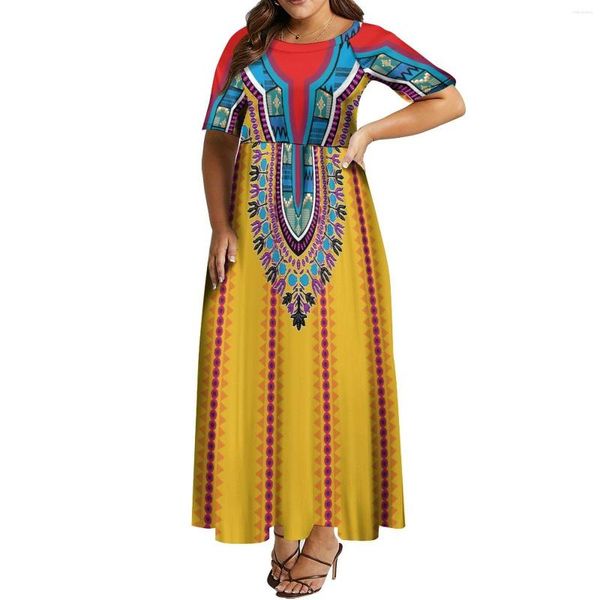 Vestidos casuais arte africana vestido feminino gola redonda saia pommel padrão personalizado estampado longo feira de moda