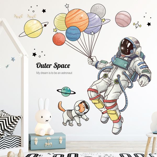 Adesivo de parede de astronauta do espaço exterior dos desenhos animados para quartos infantis decoração de parede removível balão de vinil decalques para decoração de casa