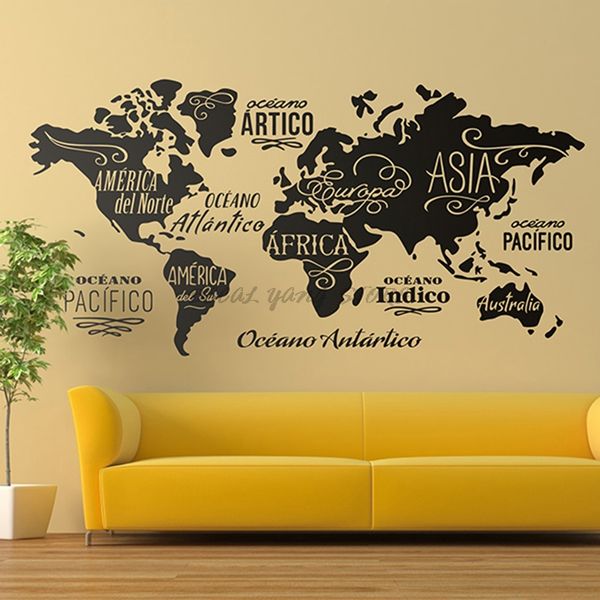 Decalque de parede de mapa-múndi grande Contorno Adesivo de mapa-múndi Casa Quarto Decoração de sala de estar Adesivo removível Mural de parede de vinil B2-022