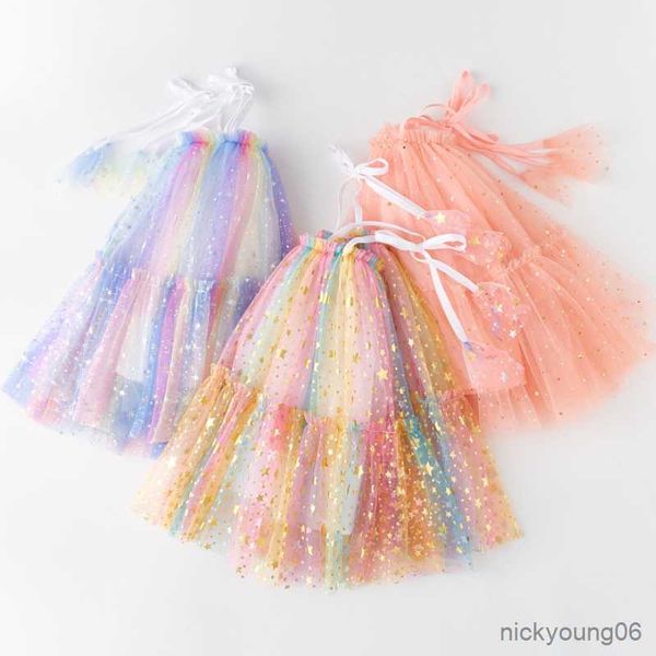 Vestidos para meninas 2023 verão novo vestido de princesa floco de neve lantejoulas malha com cadarço bebê laço vestido de baile R230612