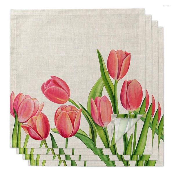 Guardanapo de mesa primavera rosa tulipa flor pano reutilizável decoração de casamento coquetel bebidas jantar servindo guardanapos suprimentos para festas