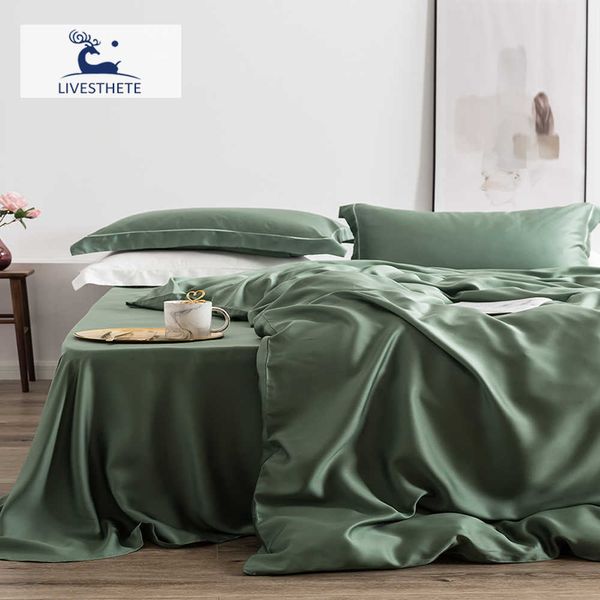 Conjuntos de cama LivEsthete 100 Conjunto de cama de seda verde Mulberry 25 Momme Lençóis de seda Beauty Conjunto de capa de edredão Estojo Queen King Conjunto de cama Z0612