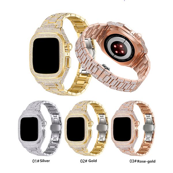 Full Diamond Armor Case Metal Butterfly Buckle Strap Band Link Bracelet Straps Bands Watchband para Apple Watch Series 4 5 6 7 8 SE iWatch 44mm 45mm