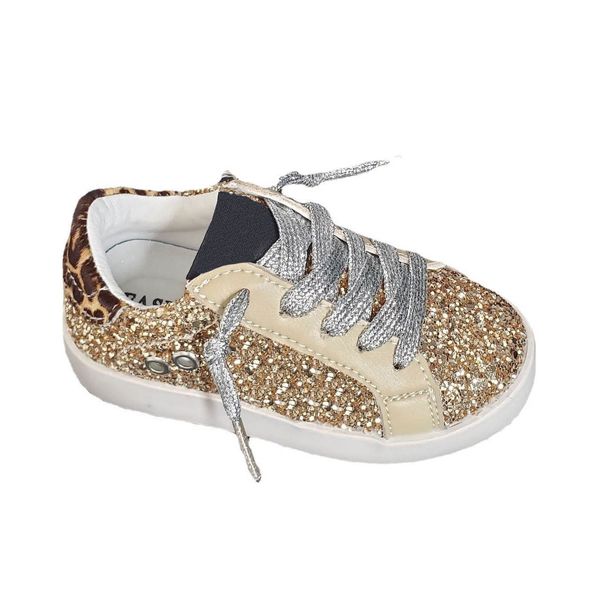 Tênis esportivo ao ar livre em tom de lantejoulas dourado Old School Couro feminino May Glitter Star de cano baixo Sapatos leopardo infantil 230609