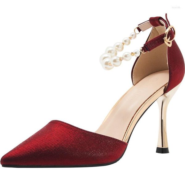 Kleidschuhe Größe 30-44 2023 Frühling High Heel Damen Dünne kleine Schnalle Perlen Rot Hochzeit