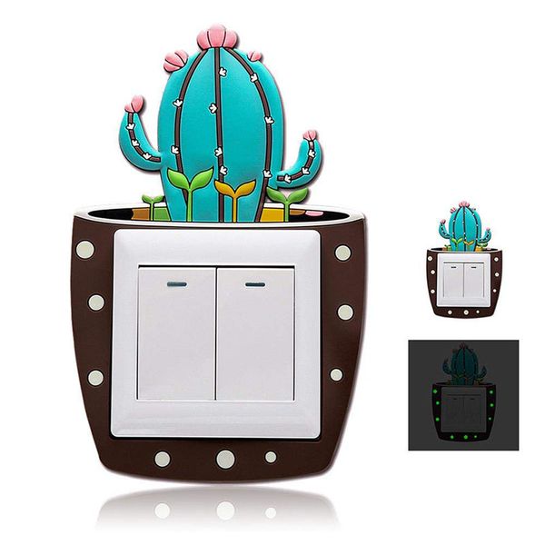 Adesivi 3D simpatici cartoni animati Adesivi murali fluorescenti cactus Adesivi interruttore on-off Interruttore luminoso per bambini Decorazioni per la casa