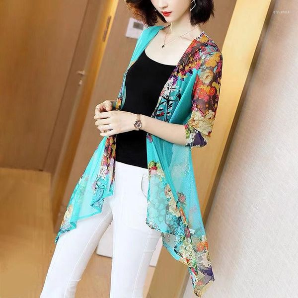 Camicette da donna Kimono da donna Gilet Blusa Aria condizionata Protezione solare Giacche da donna Camicie lunghe da donna in chiffon Famale Shrug