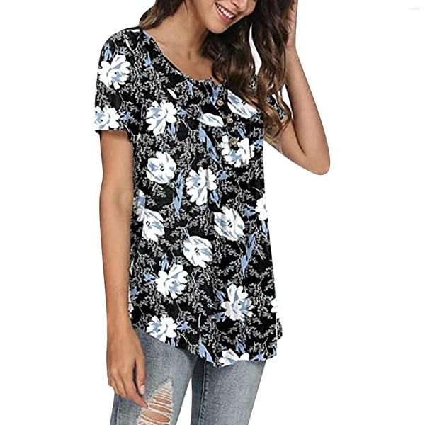 Blusas femininas Tops femininos com babados florais manga curta decote em O soltas camisas femininas para mulheres Camisa alta baixa