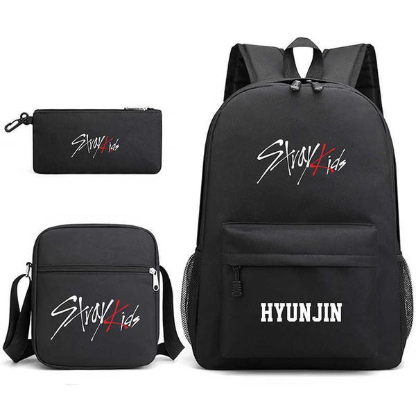 Mochila 3 pçs Set Stray Kids Hyunjin Crianças Mochilas Escolares Legal Mochila Aluno Bolsa de Ombro para Menino Caneta Lápis Bolsas J230517