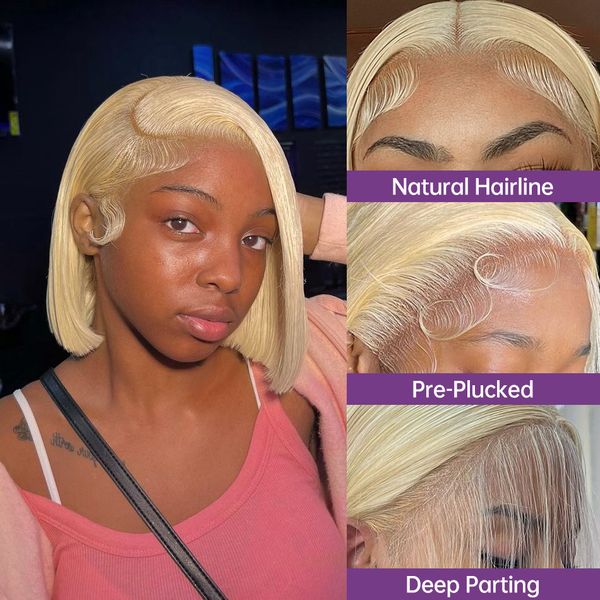 613 gerade 13x4 Menschliches Haar Perücke 13X6 Transparente Spitze Frontal Perücken Remy Farbige 613 Blonde Kurze Bob T teil Spitze Perücke Für Frauen