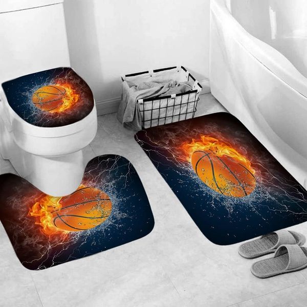 Tappetini da bagno Set da 3 pezzi Tappetini da basket Calcio con fuoco Rugby Tennis Stampa Tappeto da pavimento antiscivolo Coprisedile per WC Decorazioni per il bagno