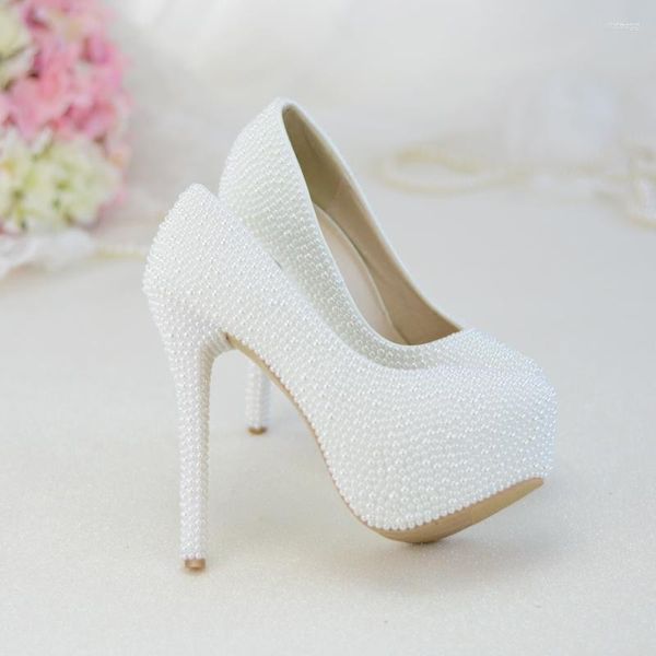 Kleidschuhe für Hochzeit, reine weiße Perlen, High Heels, Plattform, Braut, Brautjungfern, Pumps, Abend, Übergröße 11, 2 cm Keile, bequem