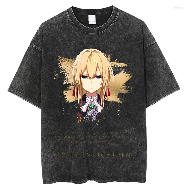 Herren-T-Shirts Violet Evergarden Vintage gewaschene T-Shirts für Männer Digitaldruck Anime-Grafik-Shirt Harajuku Übergroßes Sommer-T-Shirt